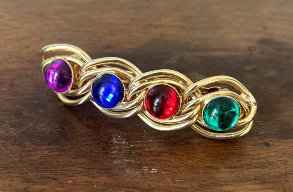 Vintage Charles J Wahba France Gold Tone Braided Barrette Multicolor Cabochons